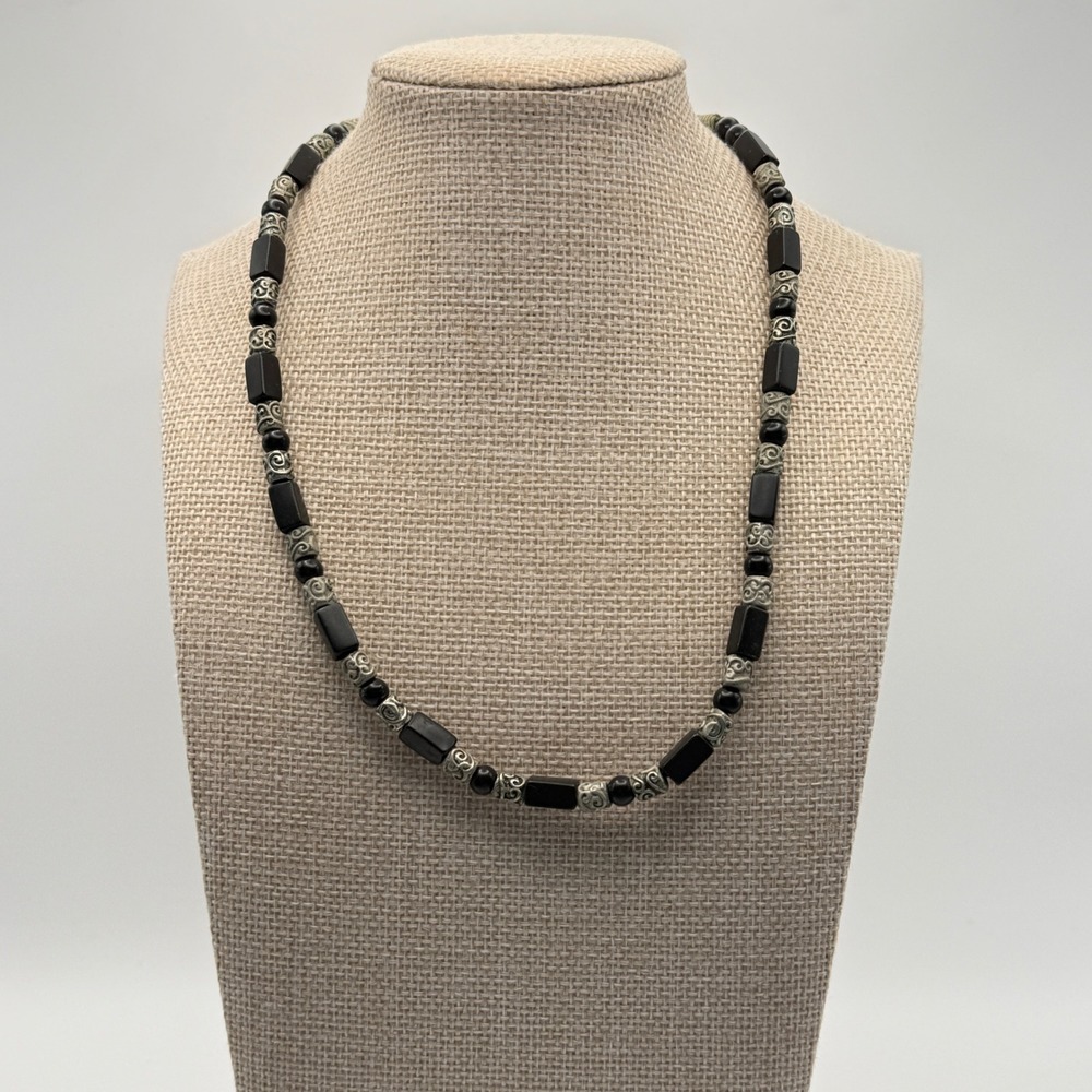 Panama Jack Black Silver Beaded Necklace Rectangular Scroll Surf Grunge Y2k
